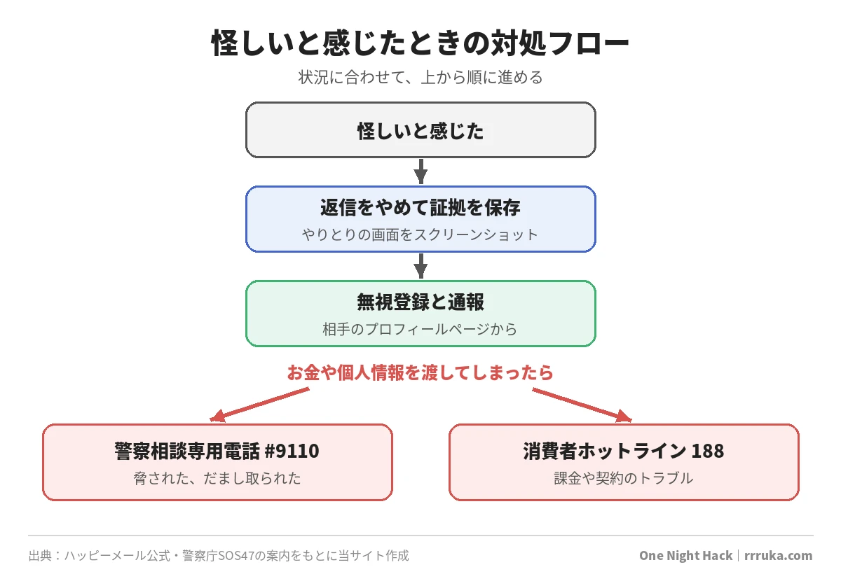 ハッピーメールで怪しいと感じたときの対処フロー。証拠保存、無視登録と通報、公的窓口への相談の順