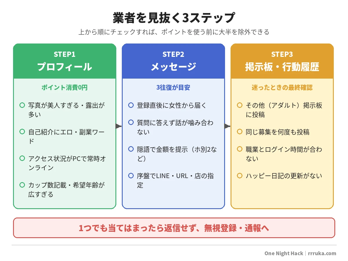 ハッピーメールで業者を見抜く3ステップ（プロフィール・メッセージ・掲示板と行動履歴）のチェックリスト図解