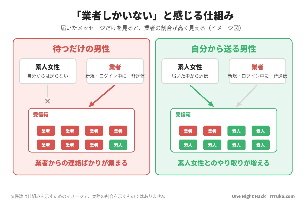 待つだけの男性の受信箱には業者のメッセージが集まり、自分から送る男性は素人女性とやり取りできる仕組みを示した図解