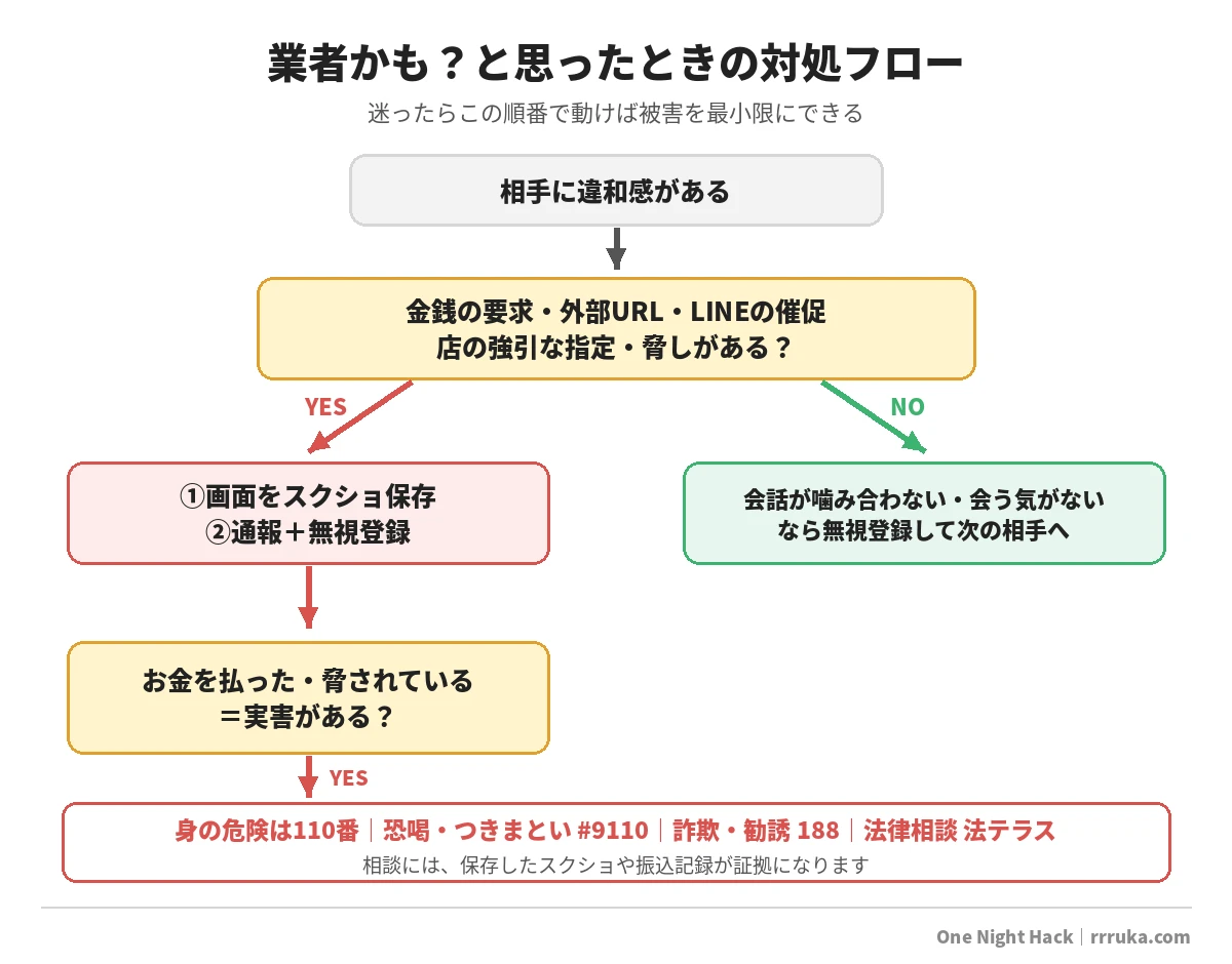 業者かもと思った時の対処フローチャート（通報・無視登録・相談窓口）