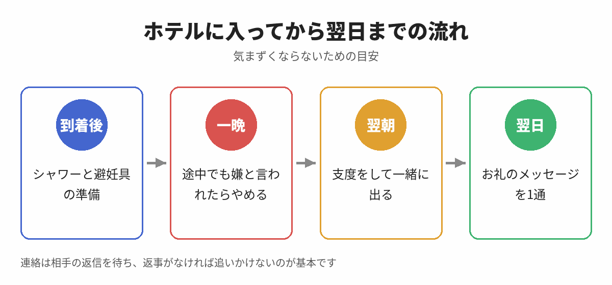 ホテルに入ってから翌日までの流れ(到着後・一晩・翌朝・翌日)